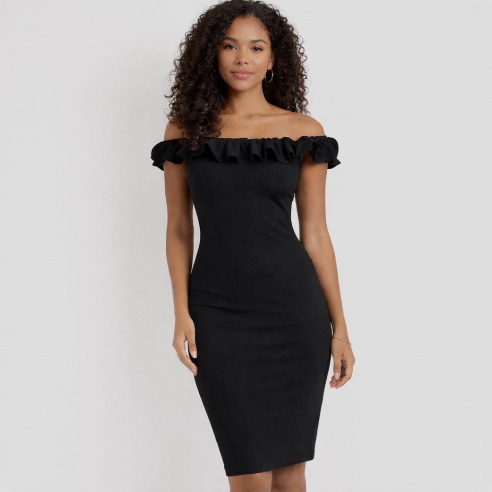 Zara off shoulder ruffle black body con dress